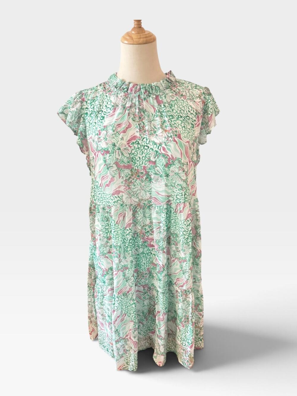 Jodifl Green & Pink Floral/Animal Print Dress w/Ruffle Detail